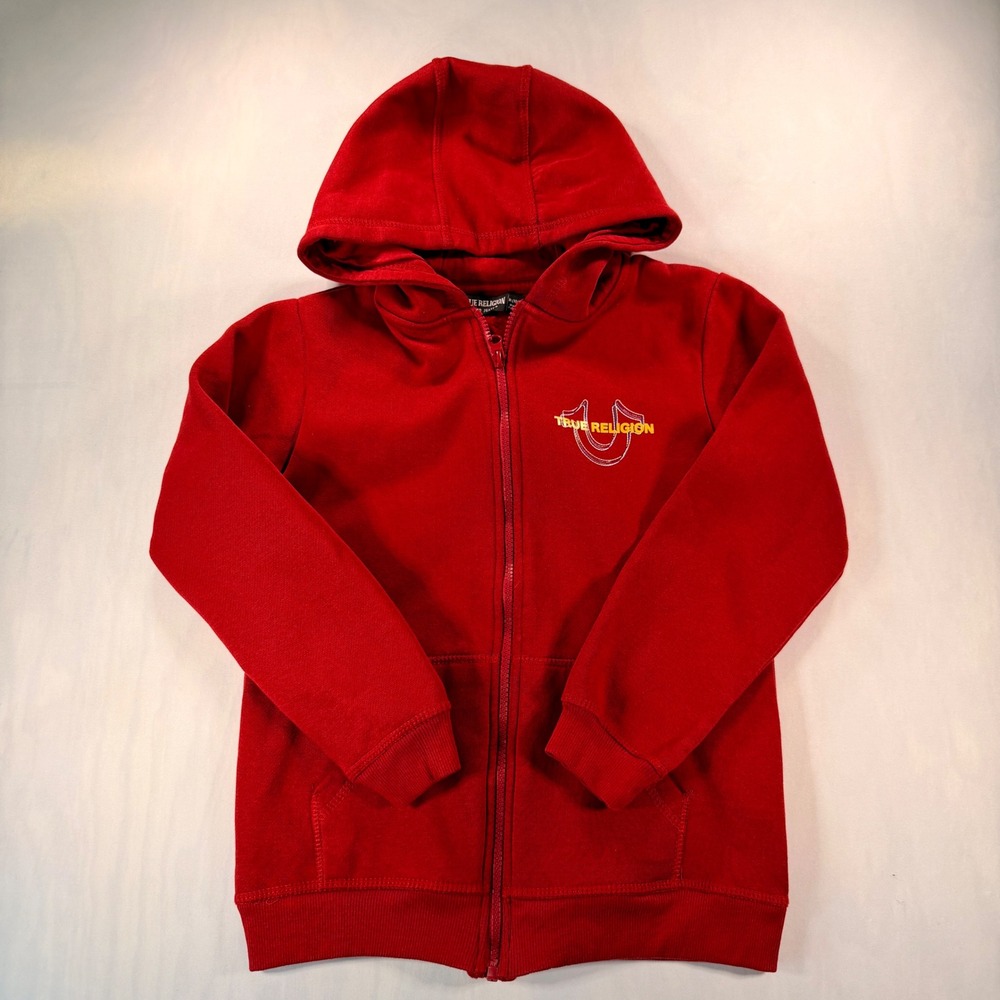 True Religion Zip Up Hoodie Boys Size M 10/12 Red Horseshoe Logo Fleece